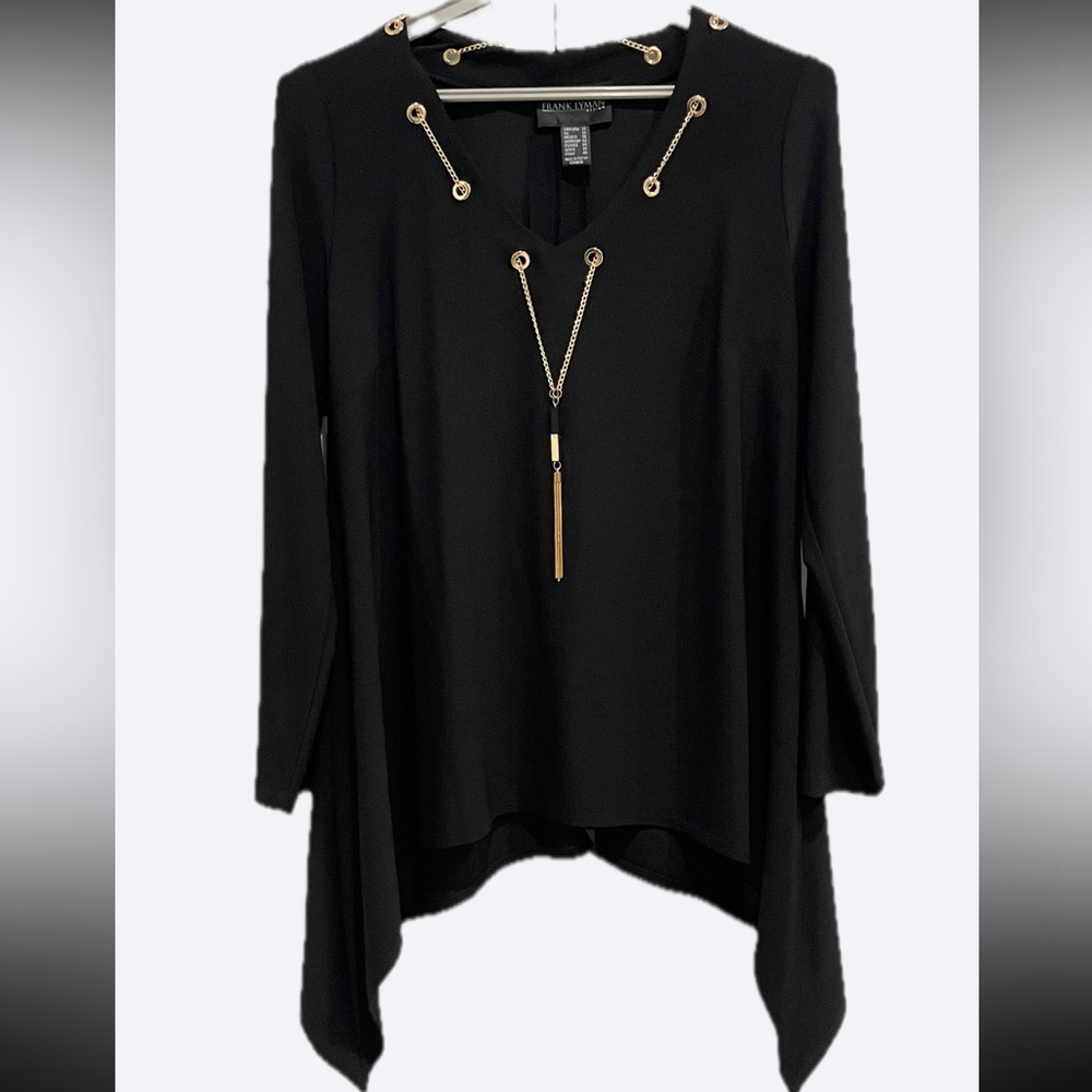 🇨🇦 Frank Lyman Elegant Black Women's Top With Gold Tone Chain Accents 💖 Size 14 - Picture 7 of 13